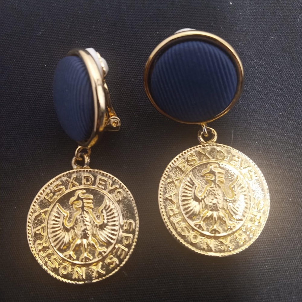 Vintage 1980’s Signed Ellen Designs Faux Gold Tone Coin Dangle Clip-on Earrings